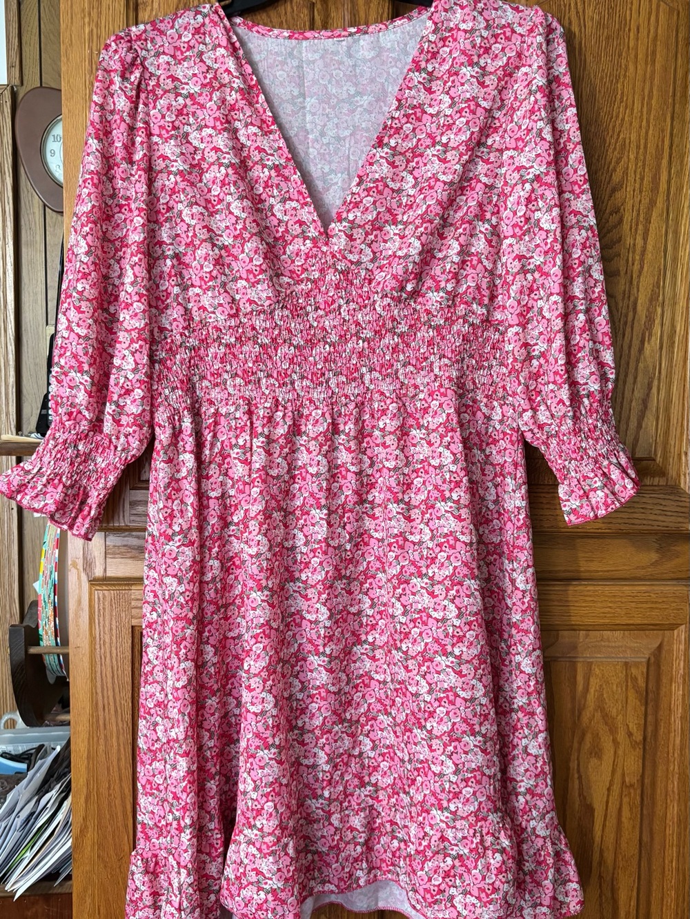 Floral Pink Midi Dress with Smocked Waist